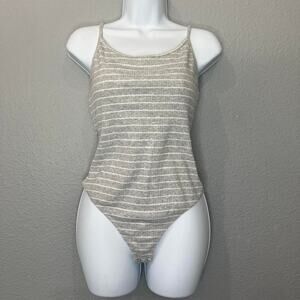 Grey and white striped express bodysuit
